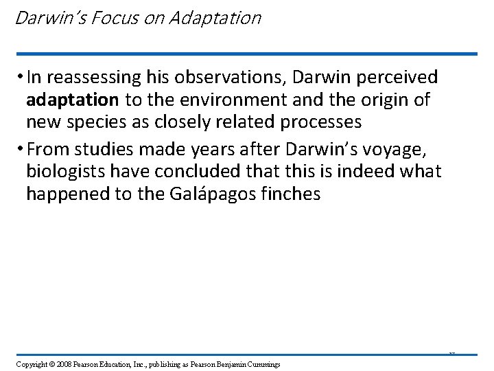 Darwin’s Focus on Adaptation • In reassessing his observations, Darwin perceived adaptation to the