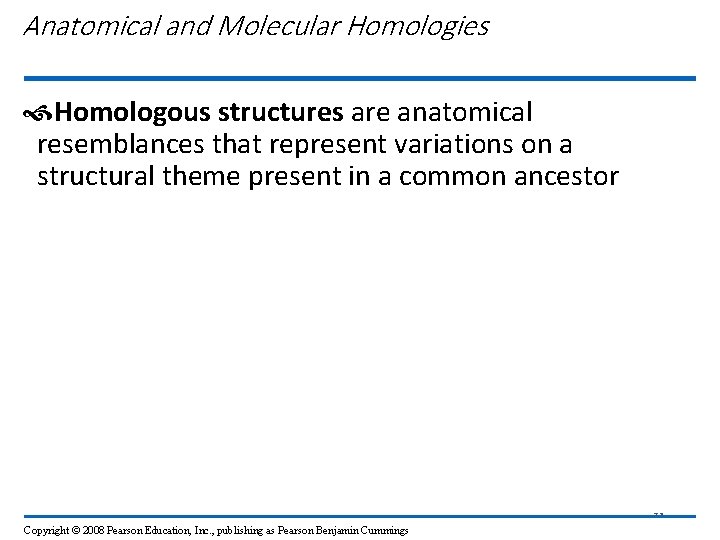 Anatomical and Molecular Homologies Homologous structures are anatomical resemblances that represent variations on a