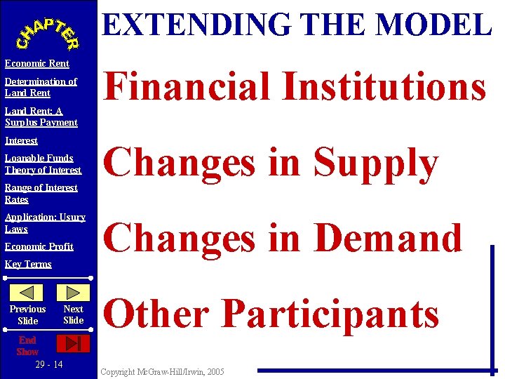 EXTENDING THE MODEL Economic Rent Determination of Land Rent: A Surplus Payment Interest Loanable