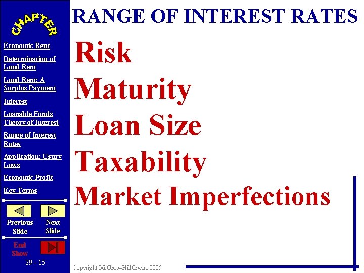 RANGE OF INTEREST RATES Economic Rent Determination of Land Rent: A Surplus Payment Interest