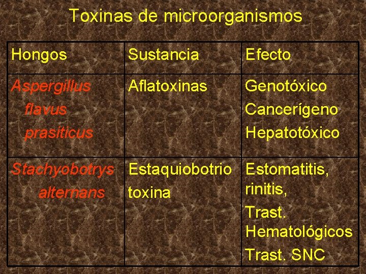 Toxinas de microorganismos Hongos Sustancia Efecto Aspergillus flavus prasiticus Aflatoxinas Genotóxico Cancerígeno Hepatotóxico Stachyobotrys