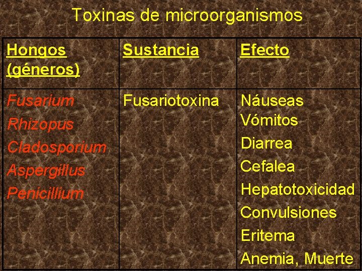 Toxinas de microorganismos Hongos (géneros) Sustancia Efecto Fusarium Rhizopus Cladosporium Aspergillus Penicillium Fusariotoxina Náuseas