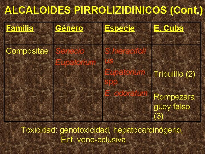 ALCALOIDES PIRROLIZIDINICOS (Cont. ) Familia Género Compositae Senecio Eupatorium Especie E. Cuba S. hieracifoli