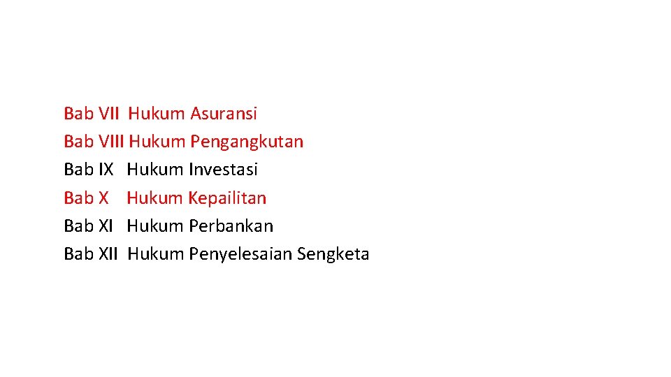 Bab VII Hukum Asuransi Bab VIII Hukum Pengangkutan Bab IX Hukum Investasi Bab X