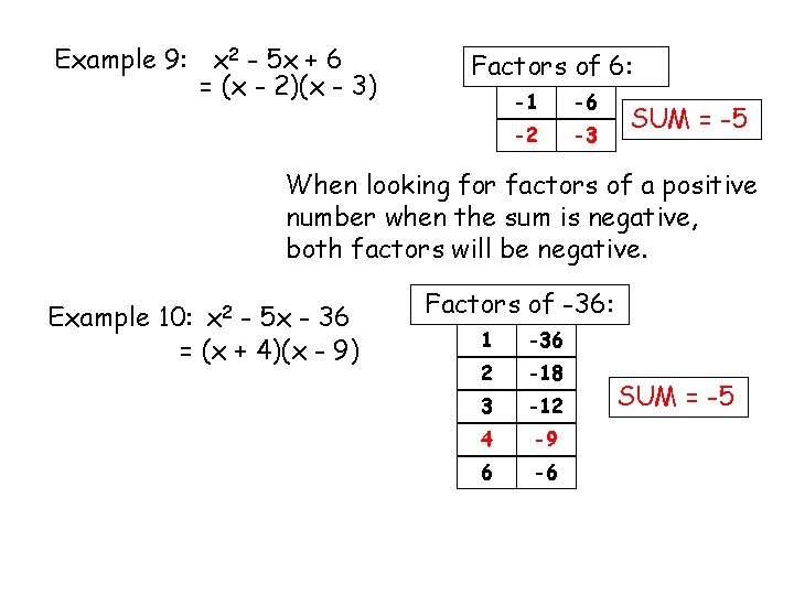 Example 9: x 2 - 5 x + 6 = (x - 2)(x -