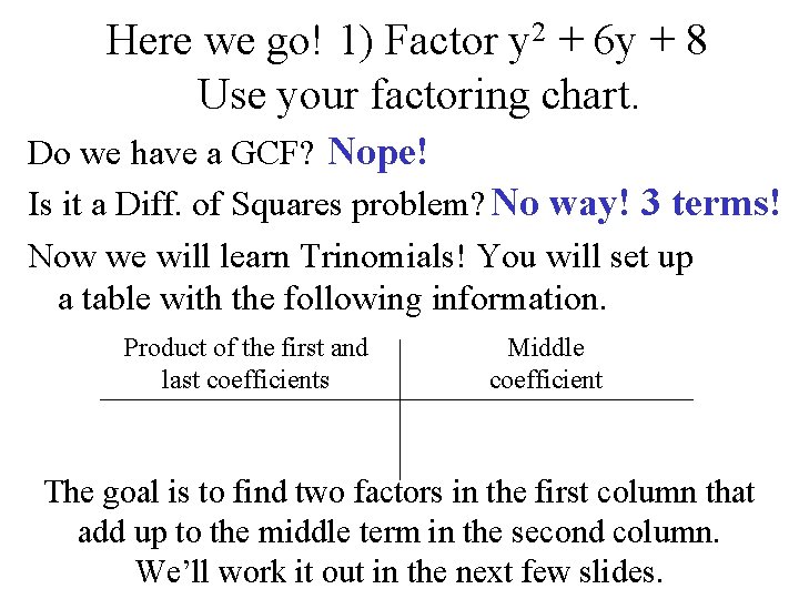 Here we go! 1) Factor y 2 + 6 y + 8 Use your