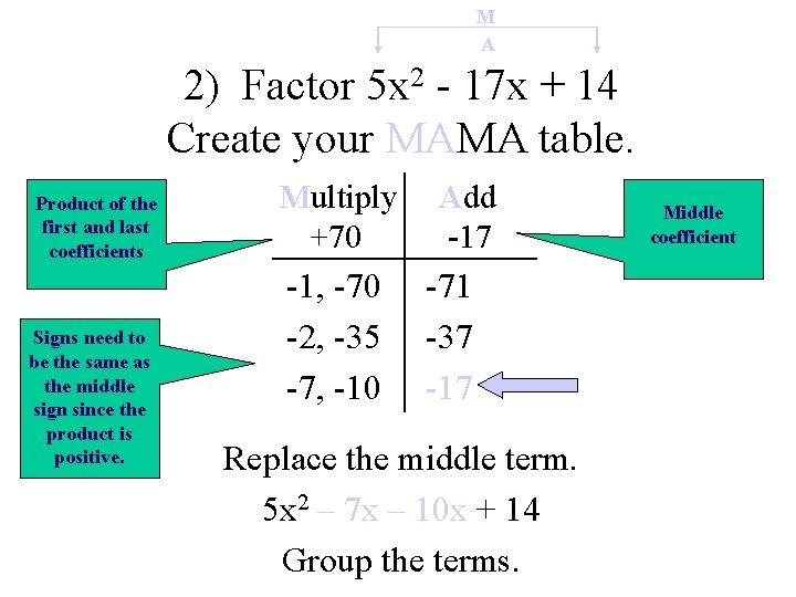 M A 2) Factor 5 x 2 - 17 x + 14 Create your