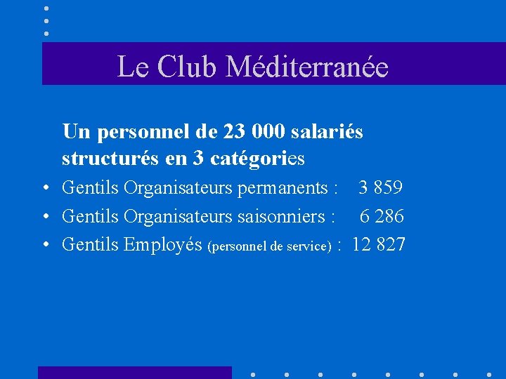 Le Club Méditerranée Un personnel de 23 000 salariés structurés en 3 catégories •