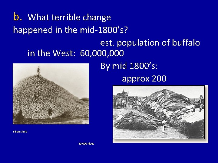 b. What terrible change happened in the mid-1800’s? est. population of buffalo in the