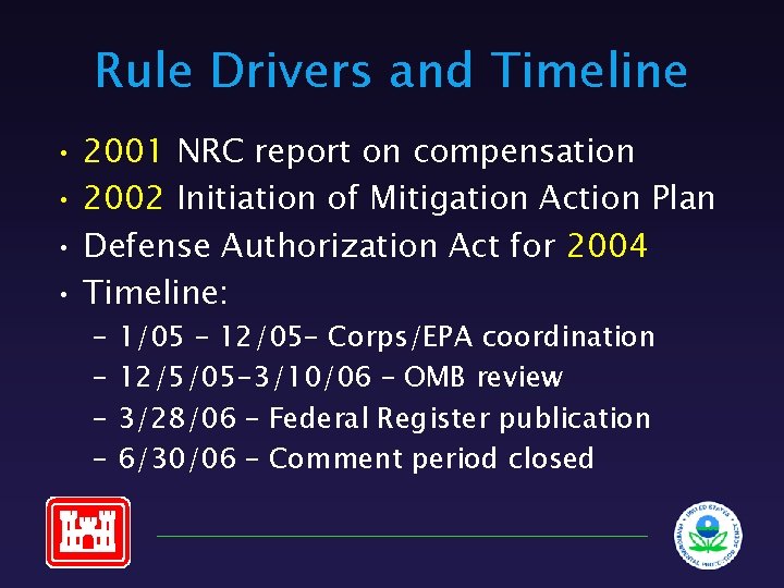 Rule Drivers and Timeline • 2001 NRC report on compensation • 2002 Initiation of