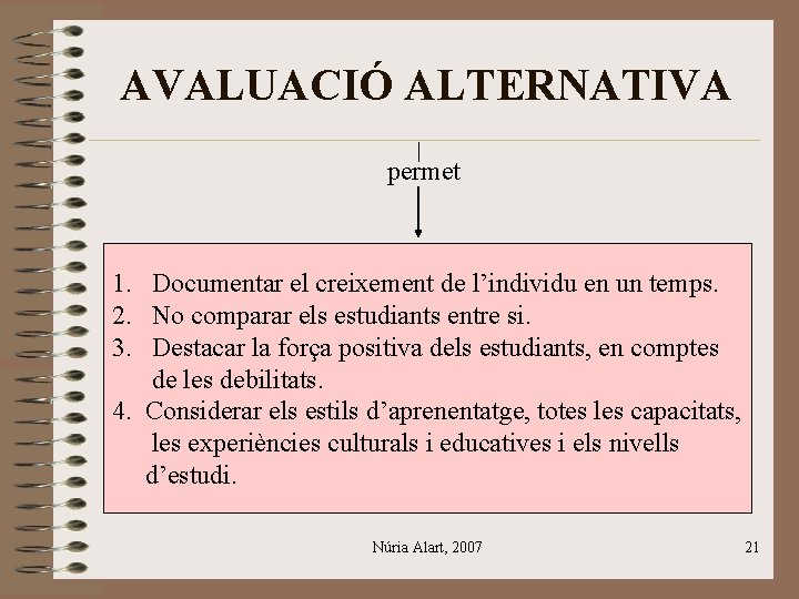 AVALUACIÓ ALTERNATIVA permet 1. Documentar el creixement de l’individu en un temps. 2. No