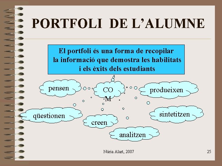 PORTFOLI DE L’ALUMNE El portfoli és una forma de recopilar la informació que demostra