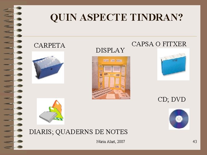 QUIN ASPECTE TINDRAN? CARPETA DISPLAY CAPSA O FITXER CD; DVD DIARIS; QUADERNS DE NOTES