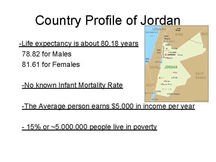 Country Profile of Jordan -Life expectancy is about 80. 18 years 78. 82 for
