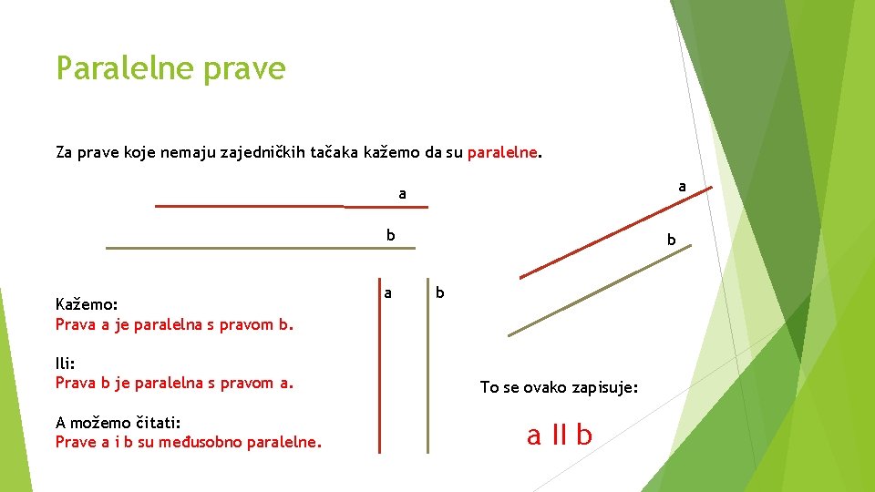 Paralelne prave Za prave koje nemaju zajedničkih tačaka kažemo da su paralelne. a a
