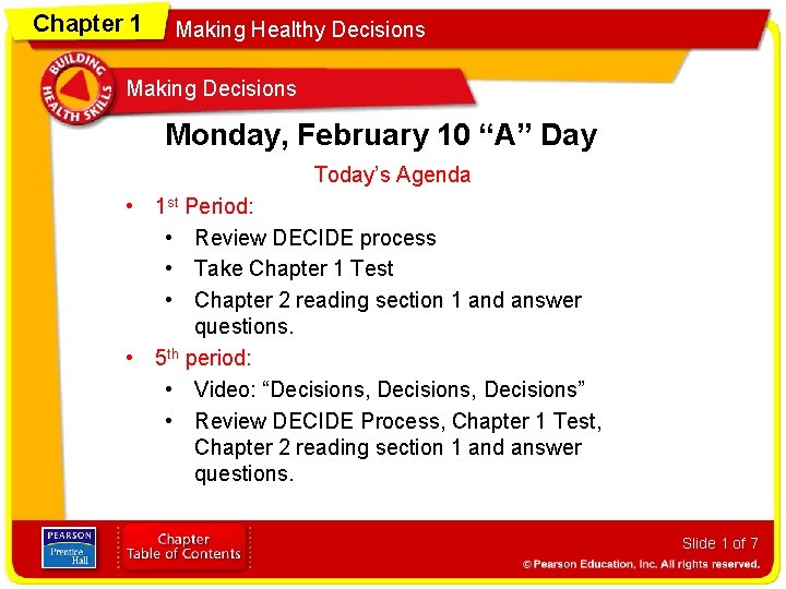 Chapter 1 Making Healthy Decisions Making Decisions Monday, February 10 “A” Day Today’s Agenda