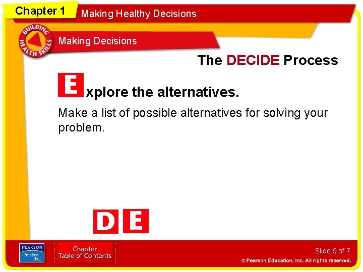 Chapter 1 Making Healthy Decisions Making Decisions The DECIDE Process xplore the alternatives. Make