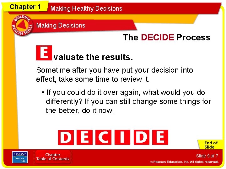 Chapter 1 Making Healthy Decisions Making Decisions The DECIDE Process valuate the results. Sometime