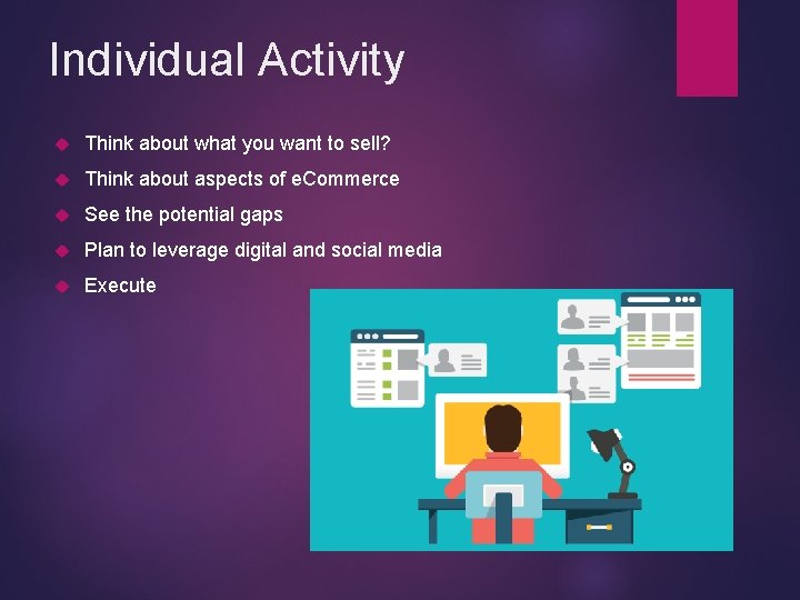 Individual Activity Think about what you want to sell? Think about aspects of e.