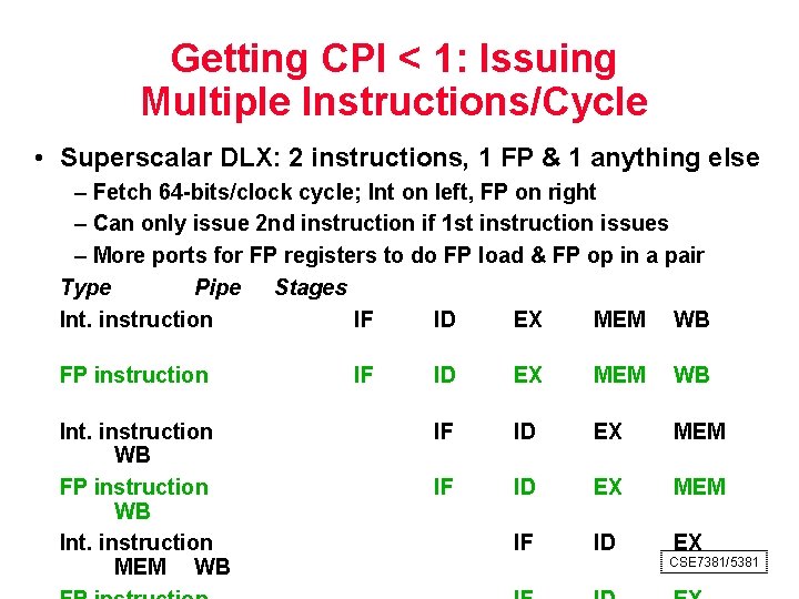 Getting CPI < 1: Issuing Multiple Instructions/Cycle • Superscalar DLX: 2 instructions, 1 FP