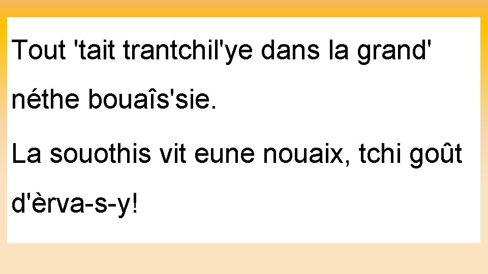 Tout 'tait trantchil'ye dans la grand' néthe bouaîs'sie. La souothis vit eune nouaix, tchi