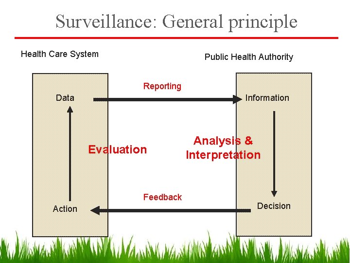 Surveillance: General principle Health Care System Public Health Authority Reporting Data Information Evaluation Feedback