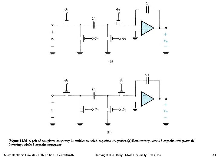 Figure 12. 36 A pair of complementary stray-insensitive switched-capacitor integrators. (a) Noninverting switched-capacitor integrator.