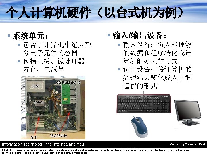 个人计算机硬件（以台式机为例） § 系统单元： § 包含了计算机中绝大部 分电子元件的容器 § 包括主板、微处理器、 内存、电源等 Information Technology, the Internet, and