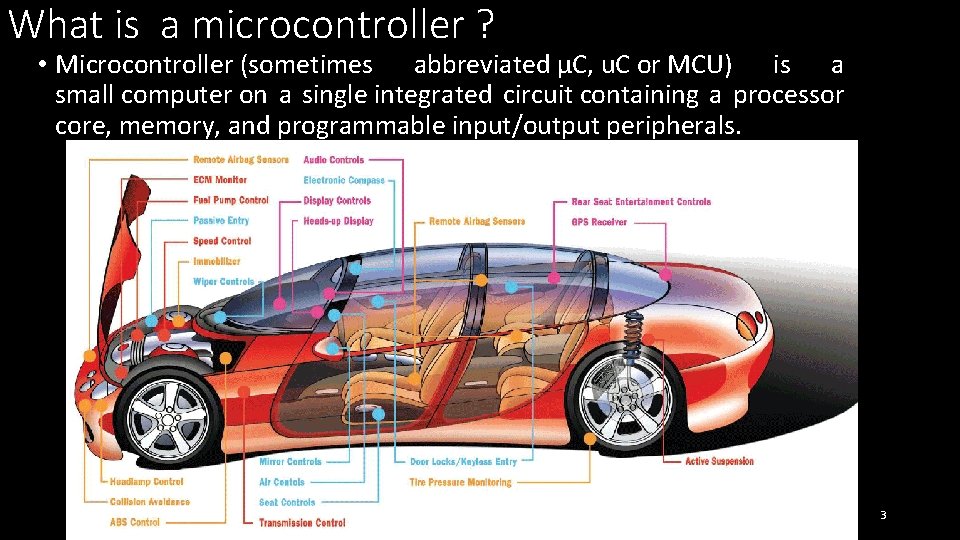 What is a microcontroller ? • Microcontroller (sometimes abbreviated µC, u. C or MCU)