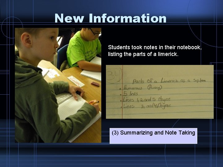 New Information Students took notes in their notebook, listing the parts of a limerick.