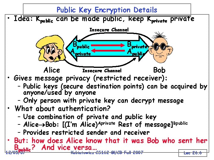 • Idea: Kpublic Public Key Encryption Details can be made public, keep Kprivate • Idea: Kpublic Public Key Encryption Details can be made public, keep Kprivate