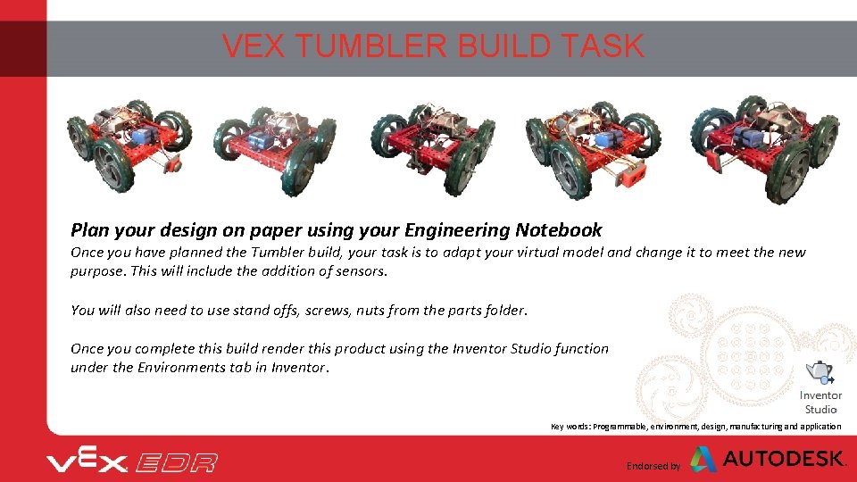 VEX TUMBLER BUILD TASK Plan your design on paper using your Engineering Notebook Once