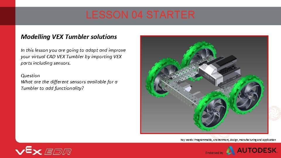 LESSON 04 STARTER Modelling VEX Tumbler solutions In this lesson you are going to