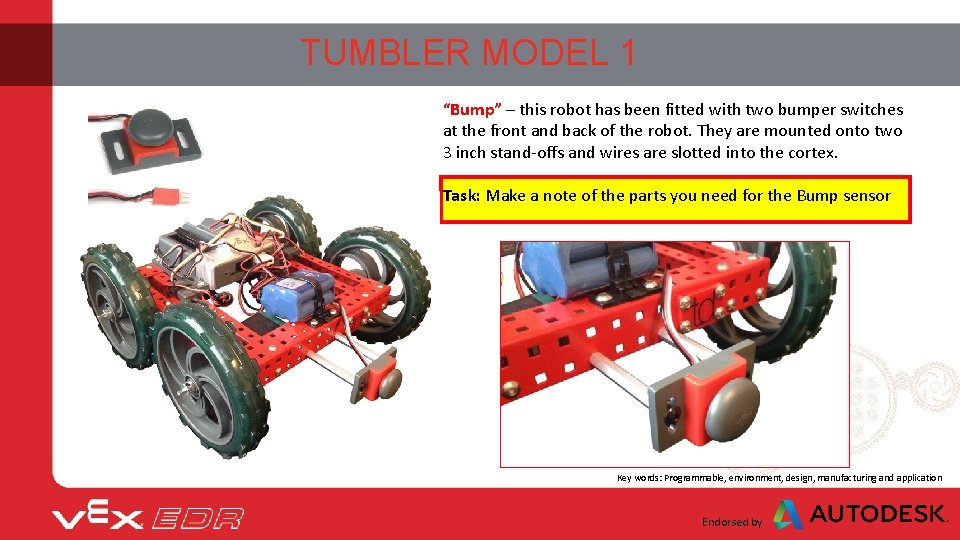 TUMBLER MODEL 1 “Bump” – this robot has been fitted with two bumper switches