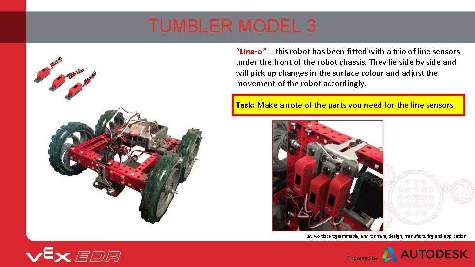 TUMBLER MODEL 3 “Line-o” – this robot has been fitted with a trio of