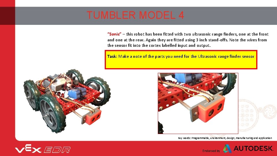 TUMBLER MODEL 4 “Sonic” – this robot has been fitted with two ultrasonic range