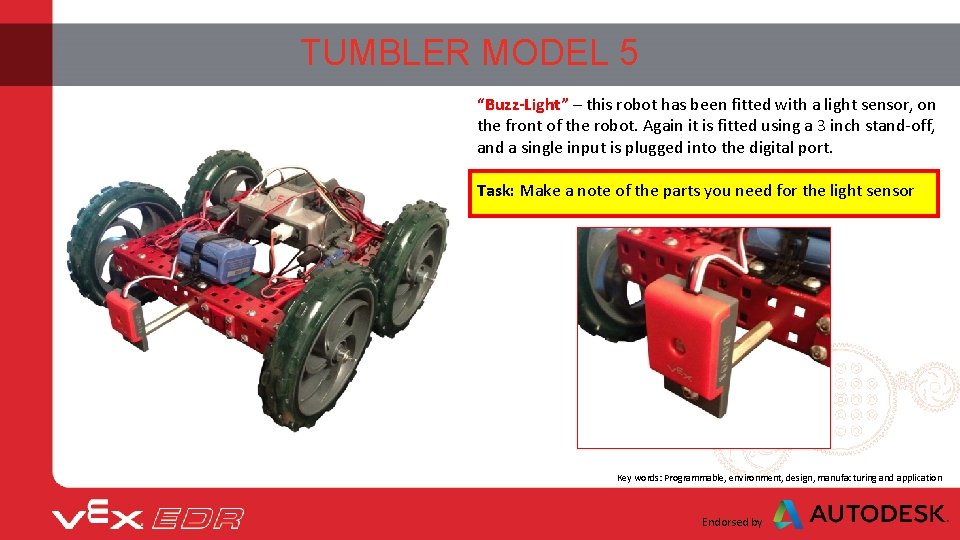 TUMBLER MODEL 5 “Buzz-Light” – this robot has been fitted with a light sensor,