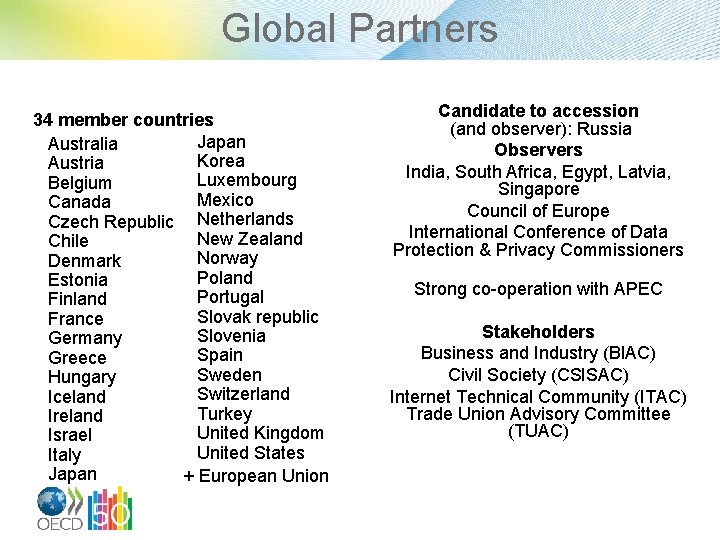 Global Partners 34 member countries Japan Australia Korea Austria Luxembourg Belgium Mexico Canada Czech