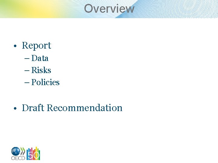 Overview • Report – Data – Risks – Policies • Draft Recommendation 