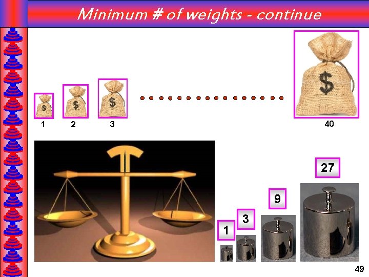 Minimum # of weights - continue 1 2 40 3 27 9 1 3