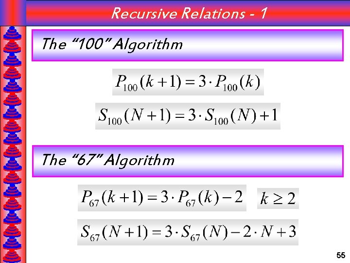 Recursive Relations - 1 The “ 100” Algorithm The “ 67” Algorithm 55 