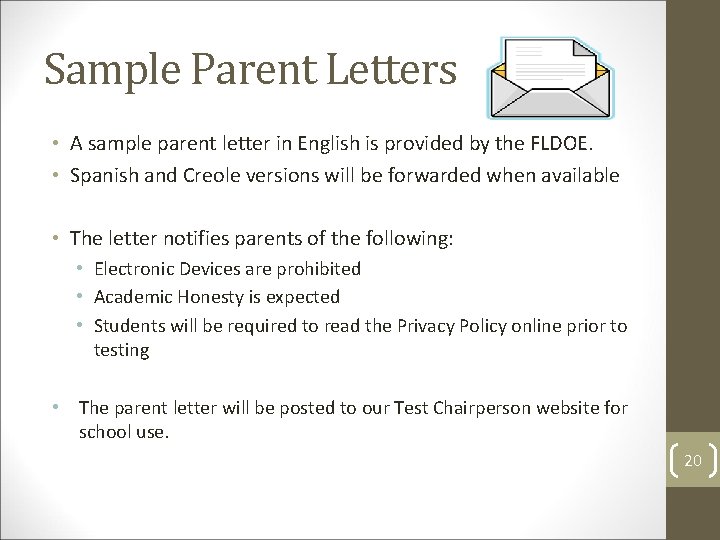 Sample Parent Letters • A sample parent letter in English is provided by the
