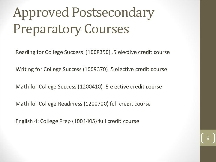 Approved Postsecondary Preparatory Courses Reading for College Success (1008350). 5 elective credit course Writing