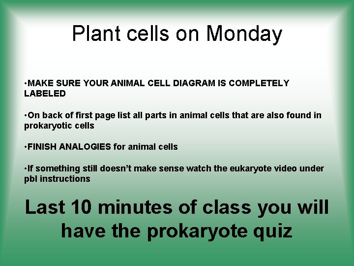 Plant cells on Monday • MAKE SURE YOUR ANIMAL CELL DIAGRAM IS COMPLETELY LABELED