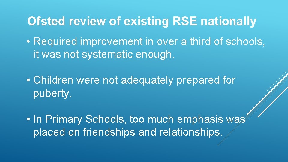 Ofsted review of existing RSE nationally • Required improvement in over a third of