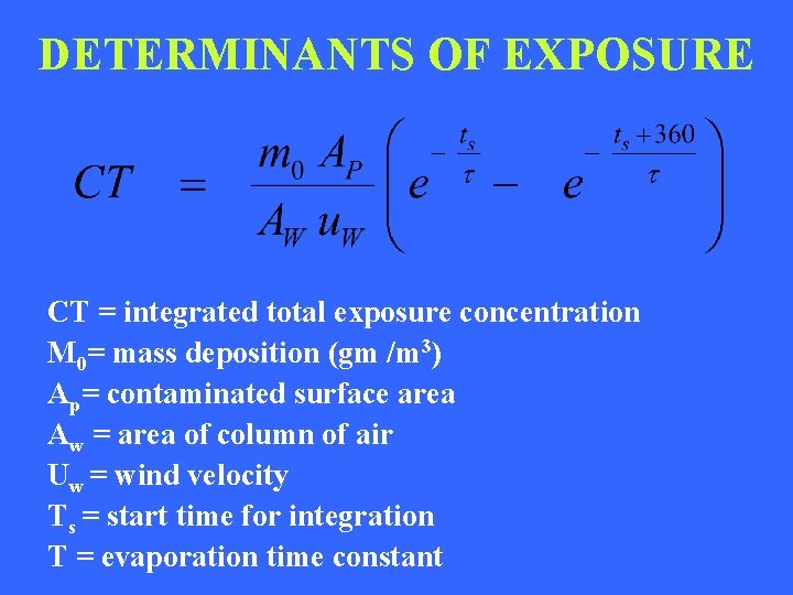 DETERMINANTS OF EXPOSURE CT = integrated total exposure concentration M 0= mass deposition (gm