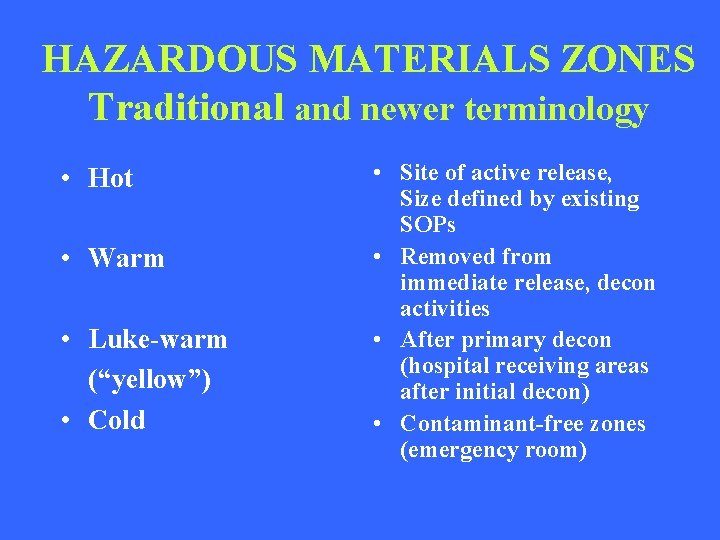 HAZARDOUS MATERIALS ZONES Traditional and newer terminology • Hot • Warm • Luke-warm (“yellow”)