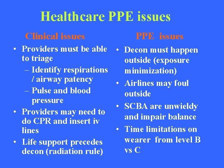 Healthcare PPE issues Clinical issues • Providers must be able to triage – Identify