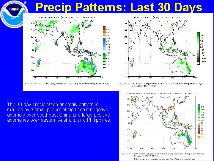 Precip Patterns: Last 30 Days The 30 -day precipitation anomaly pattern is marked by