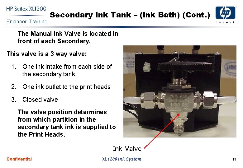 Engineer Training Secondary Ink Tank – (Ink Bath) (Cont. ) The Manual Ink Valve